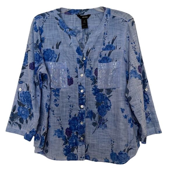 Ali Miles Lagenlook Top Floral Chambray Sequins Roll Up Tab Sleeves Petite Large - Picture 1 of 8